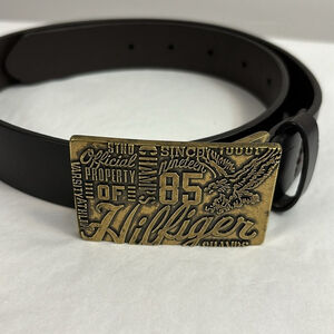 Vintage TOMMY HILFIGER belt 25”-28 brown brass tone buckle Property of HILFIGER